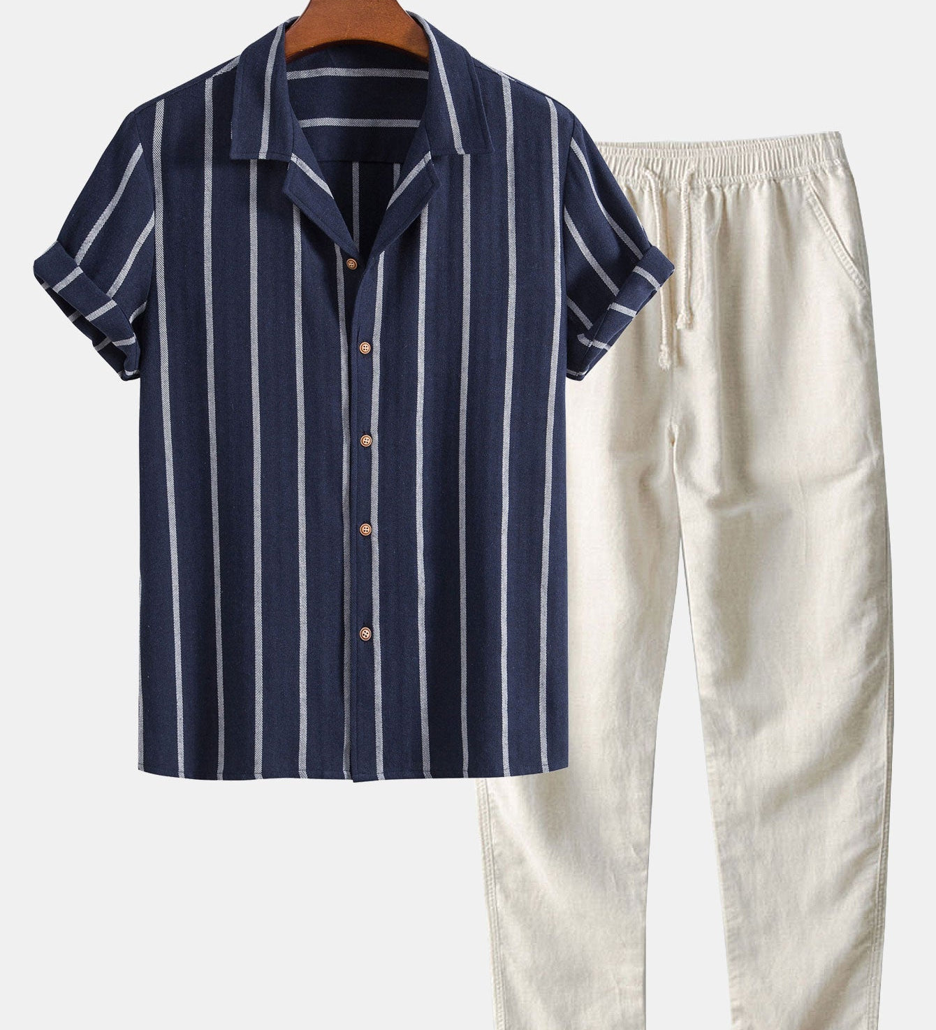 Cotton Blend Striped Cuban Shirt with Straight Leg Linen Trousers