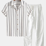 Cotton Blend Striped Cuban Shirt with Straight Leg Linen Trousers