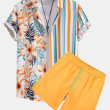 Striped Tropical Panel Shirt and Swim Shorts Set