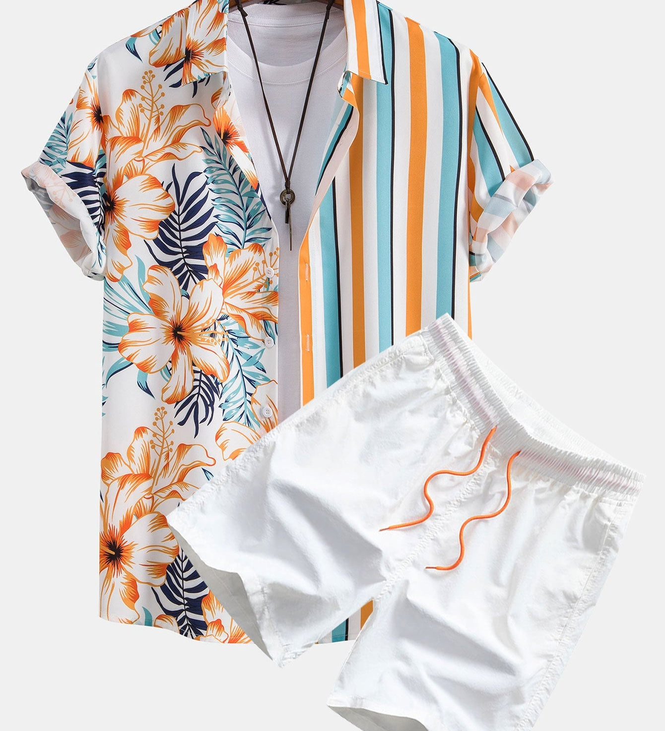 Striped Tropical Panel Shirt and Swim Shorts Set