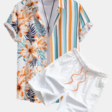 Striped Tropical Panel Shirt and Swim Shorts Set