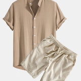 Linen-Rayon Blend Stand Collar Shirt with Linen-Cotton Blend Drawstring Shorts