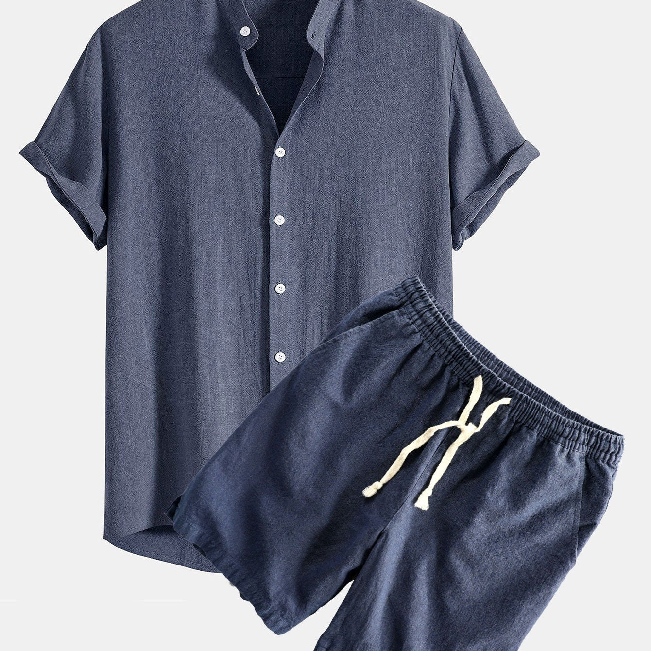 Linen-Rayon Blend Stand Collar Shirt with Linen-Cotton Blend Drawstring Shorts