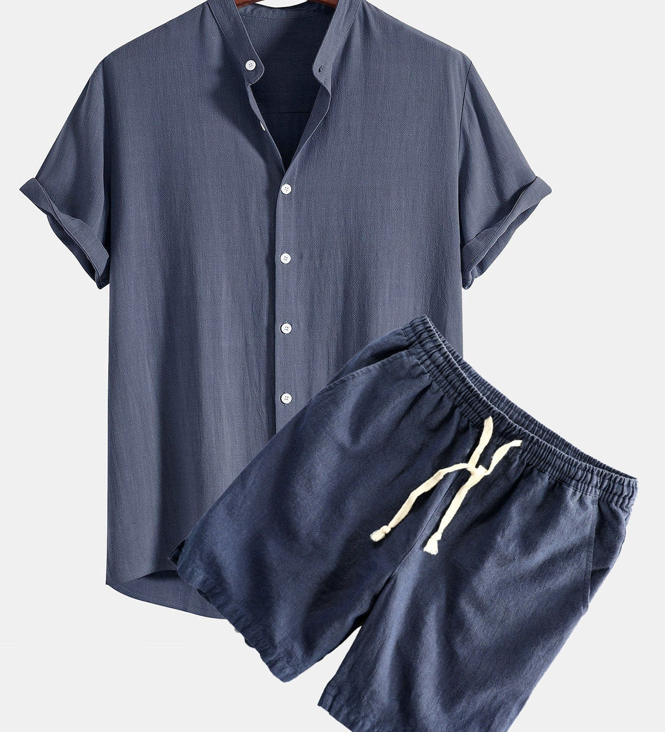 Linen-Rayon Blend Stand Collar Shirt with Linen-Cotton Blend Drawstring Shorts