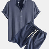 Linen-Rayon Blend Stand Collar Shirt with Linen-Cotton Blend Drawstring Shorts