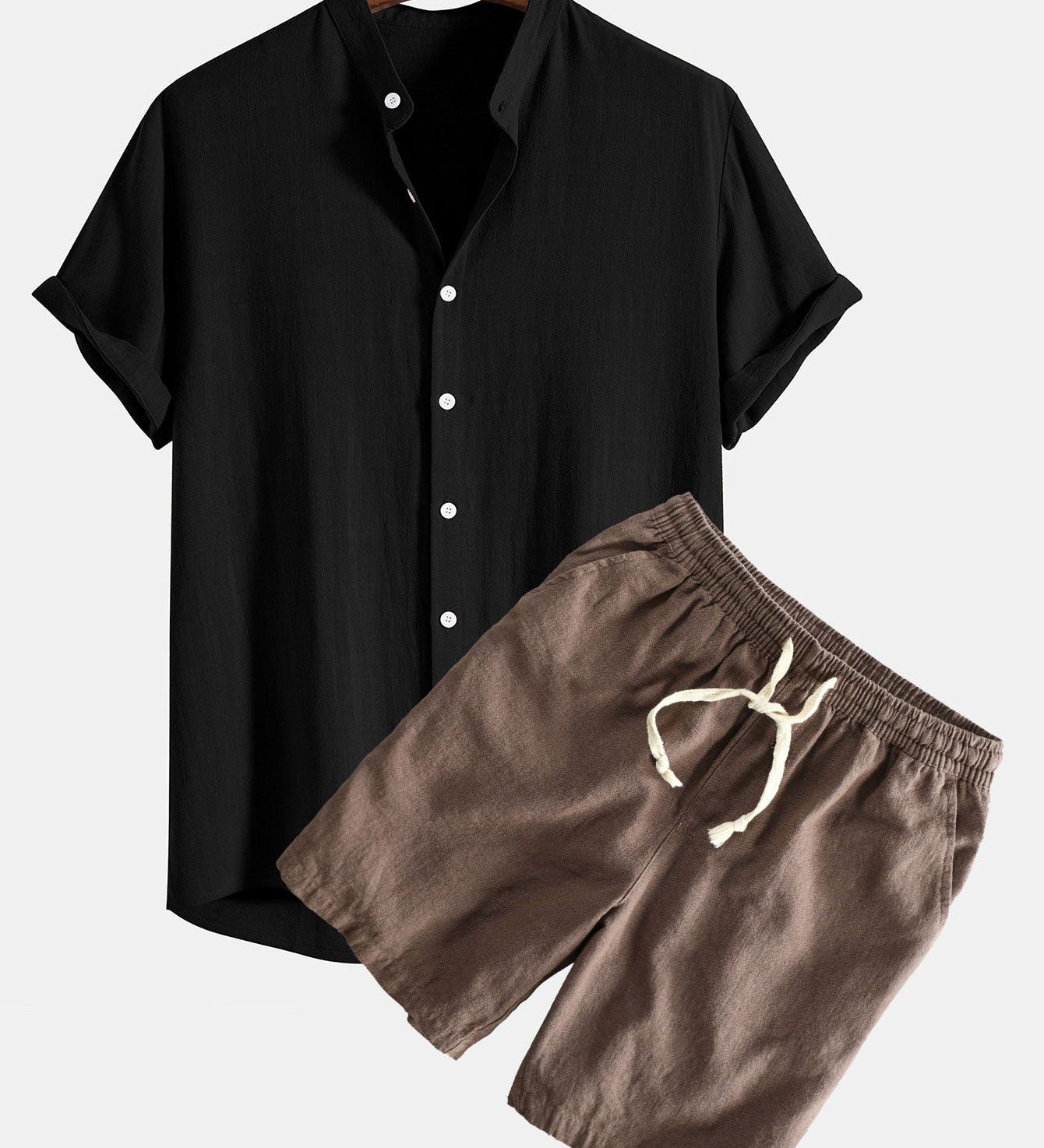 Linen-Rayon Blend Stand Collar Shirt with Linen-Cotton Blend Drawstring Shorts