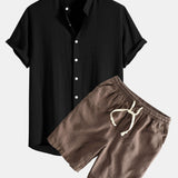 Linen-Rayon Blend Stand Collar Shirt with Linen-Cotton Blend Drawstring Shorts