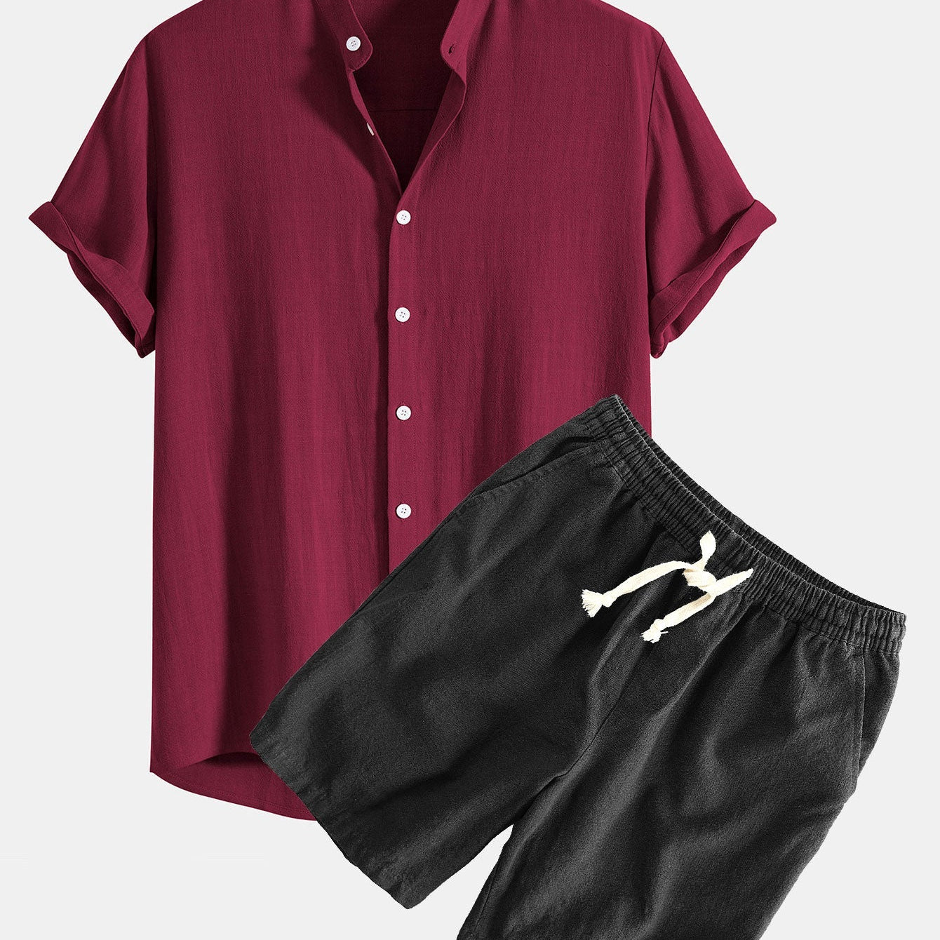 Linen-Rayon Blend Stand Collar Shirt with Linen-Cotton Blend Drawstring Shorts