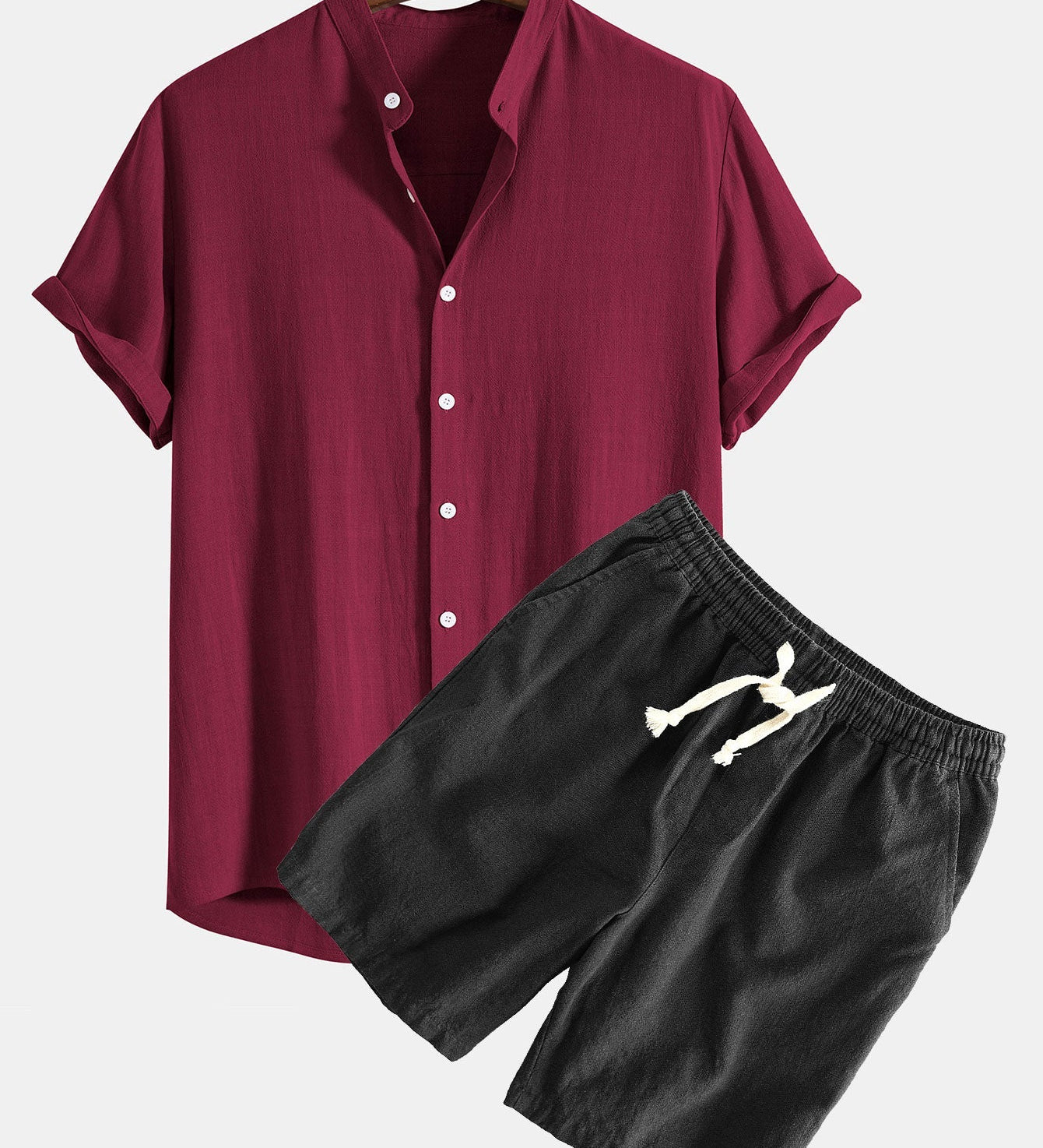 Linen-Rayon Blend Stand Collar Shirt with Linen-Cotton Blend Drawstring Shorts
