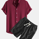 Linen-Rayon Blend Stand Collar Shirt with Linen-Cotton Blend Drawstring Shorts