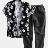Tropical Floral Button-Up Shirt with Cropped Linen Cotton Blend Pants