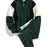 Color Block Relaxed Fit Polo Sweatshirt and Pintuck Jogger Pants
