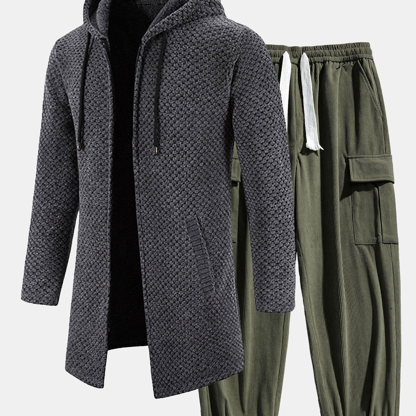 Textured Hooded Sweater with Long Line Design & Corduroy Cargo Pants