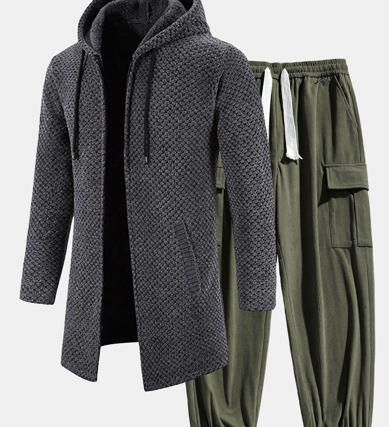 Textured Hooded Sweater with Long Line Design & Corduroy Cargo Pants