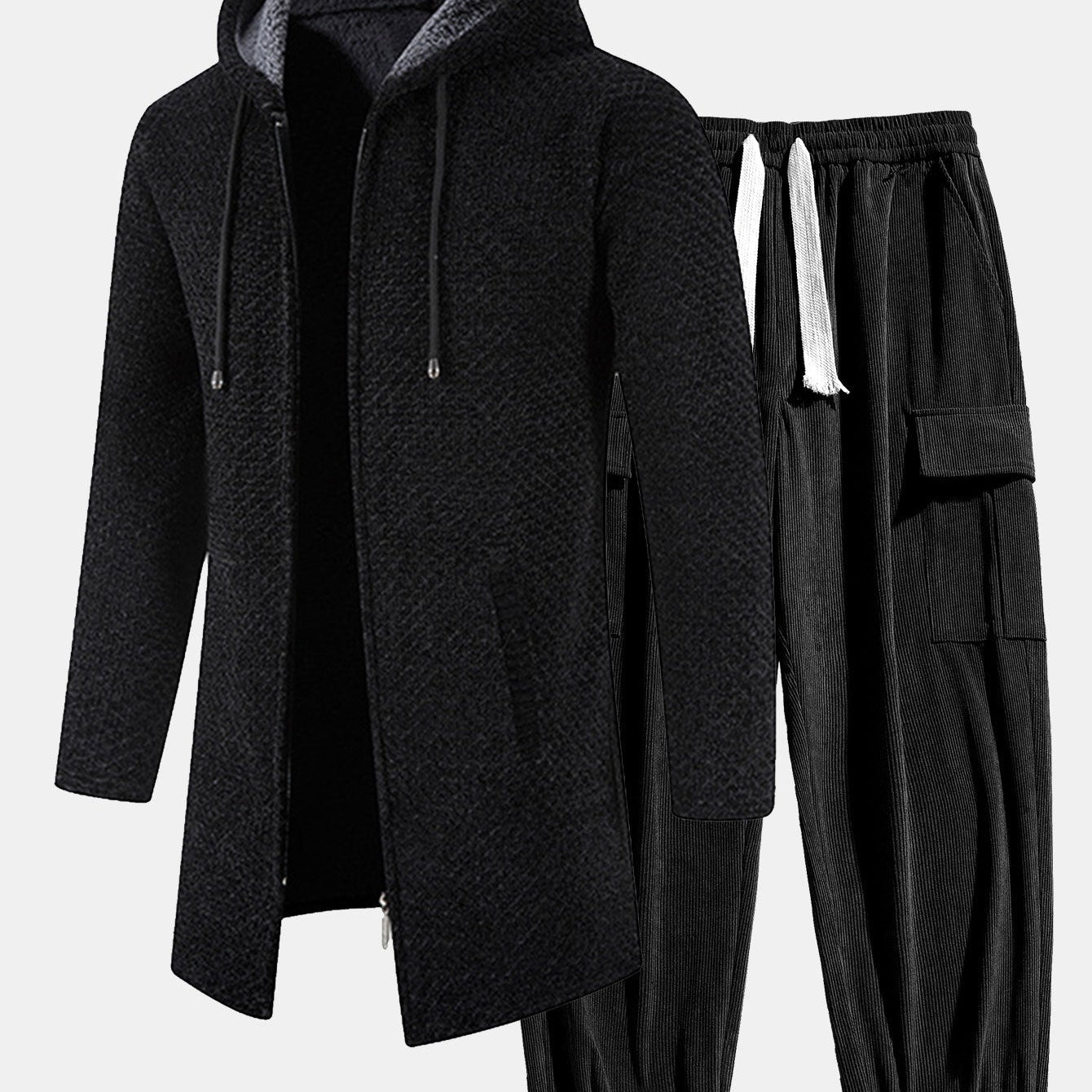 Textured Hooded Sweater with Long Line Design & Corduroy Cargo Pants