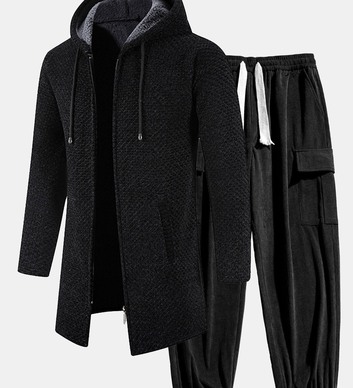 Textured Hooded Sweater with Long Line Design & Corduroy Cargo Pants