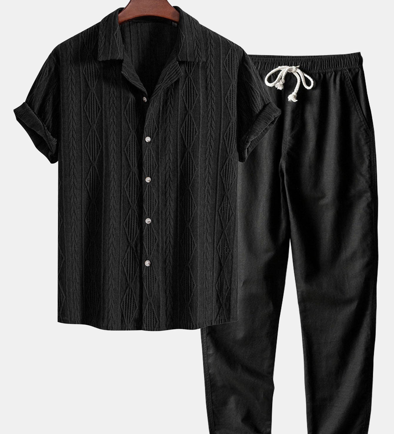 Geometric Jacquard Cuban Shirt with Straight-Leg Linen Trousers