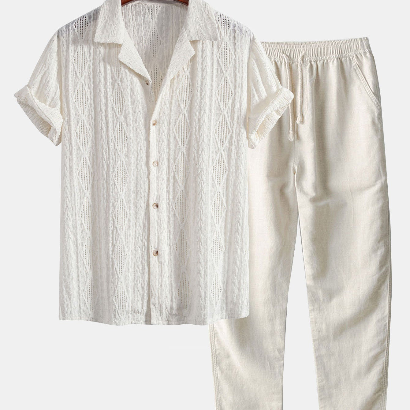 Geometric Jacquard Cuban Shirt with Straight-Leg Linen Trousers
