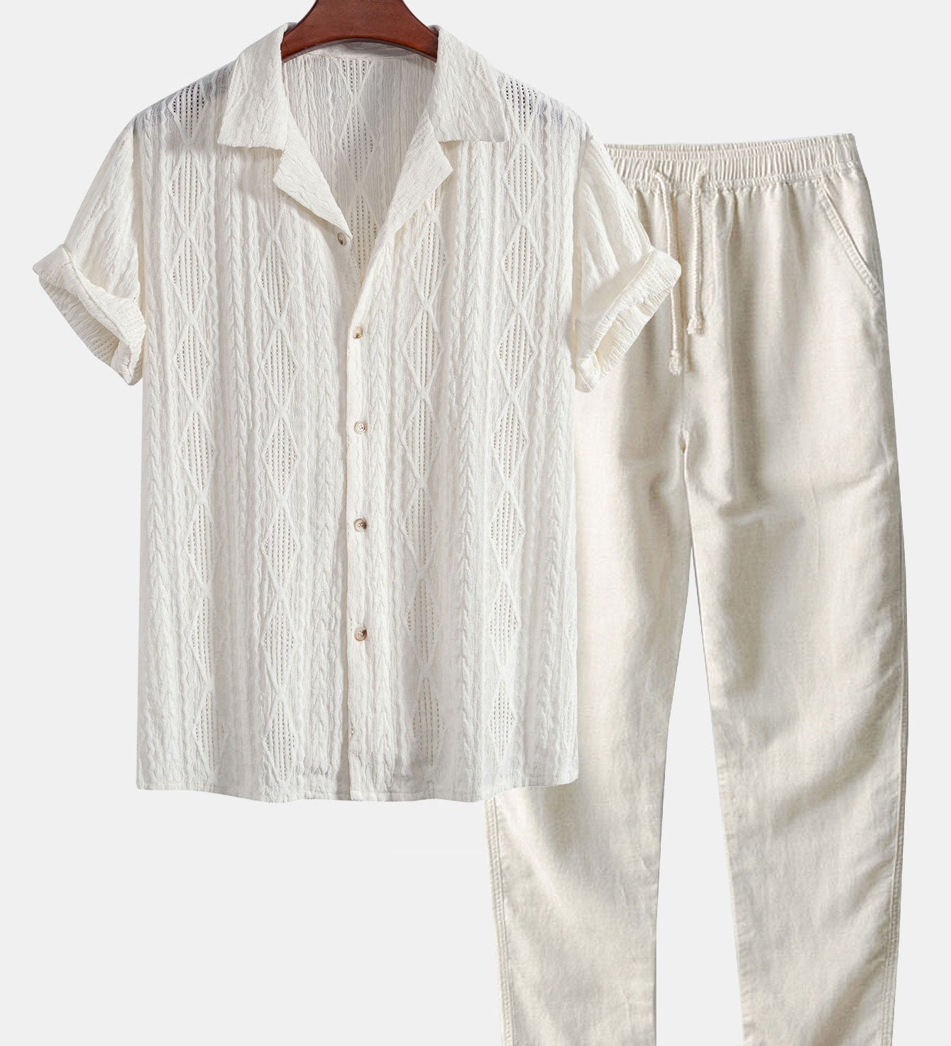 Geometric Jacquard Cuban Shirt with Straight-Leg Linen Trousers
