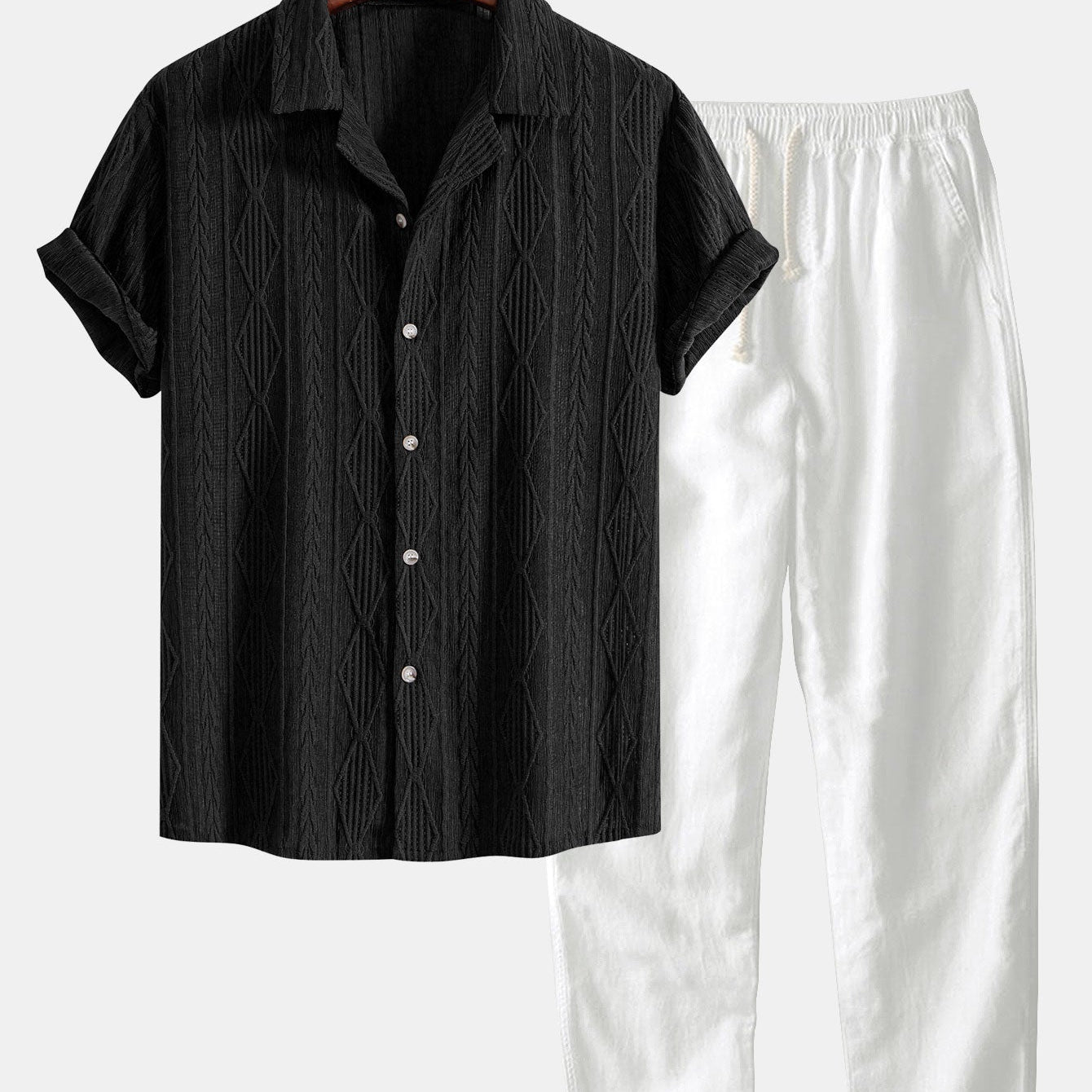 Geometric Jacquard Cuban Shirt with Straight-Leg Linen Trousers