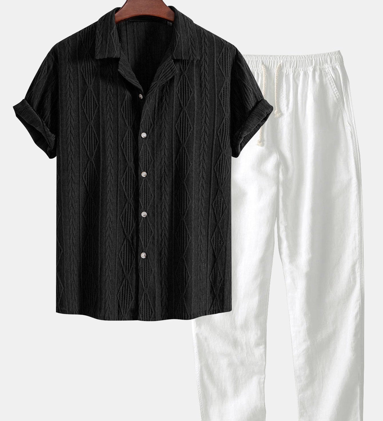 Geometric Jacquard Cuban Shirt with Straight-Leg Linen Trousers