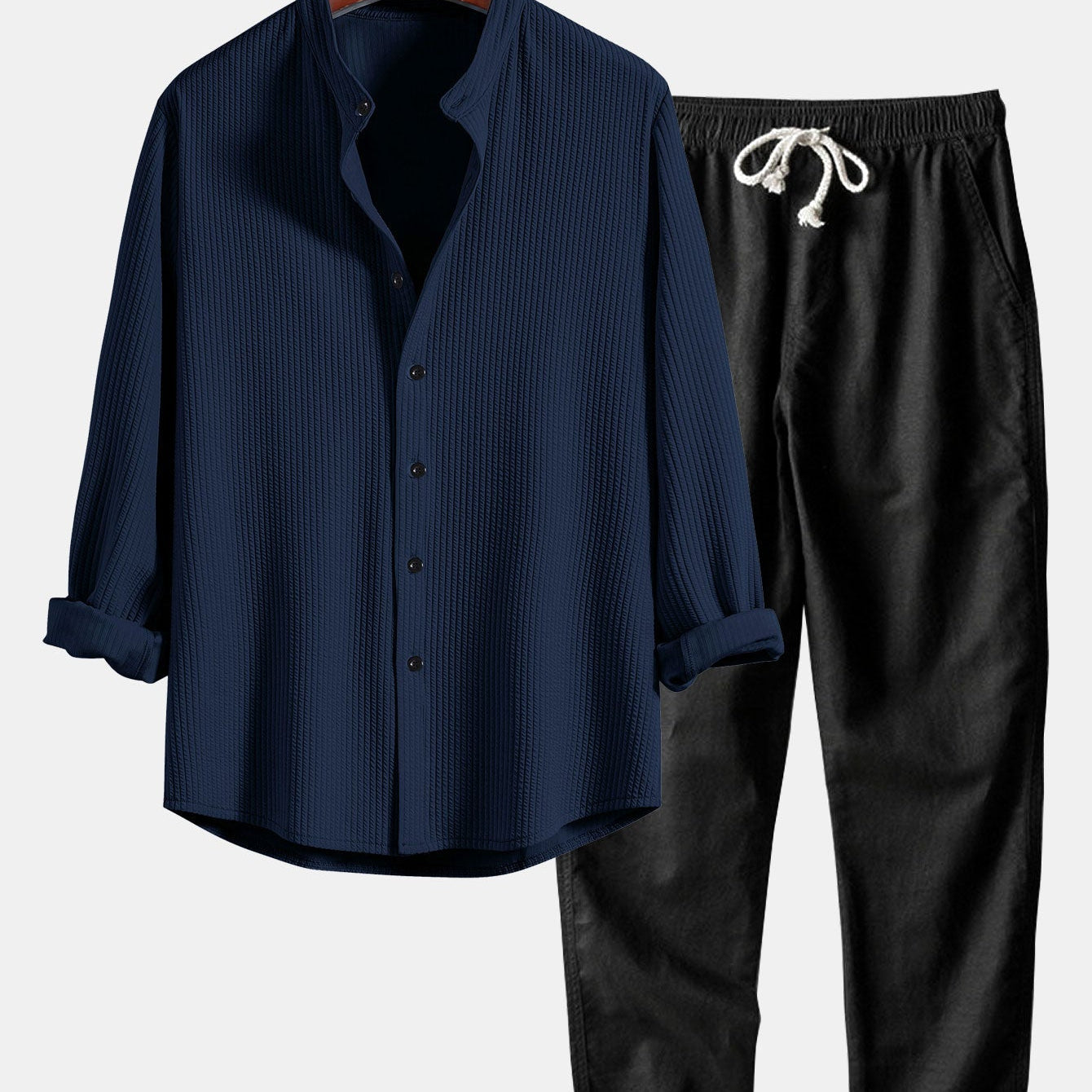 Ribbed Stand Collar Long Sleeve Muscle Fit Shirt with Straight Leg Linen Trousers