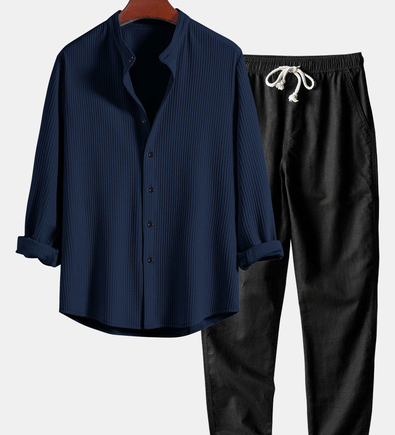 Ribbed Stand Collar Long Sleeve Muscle Fit Shirt with Straight Leg Linen Trousers