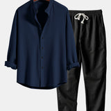 Ribbed Stand Collar Long Sleeve Muscle Fit Shirt with Straight Leg Linen Trousers