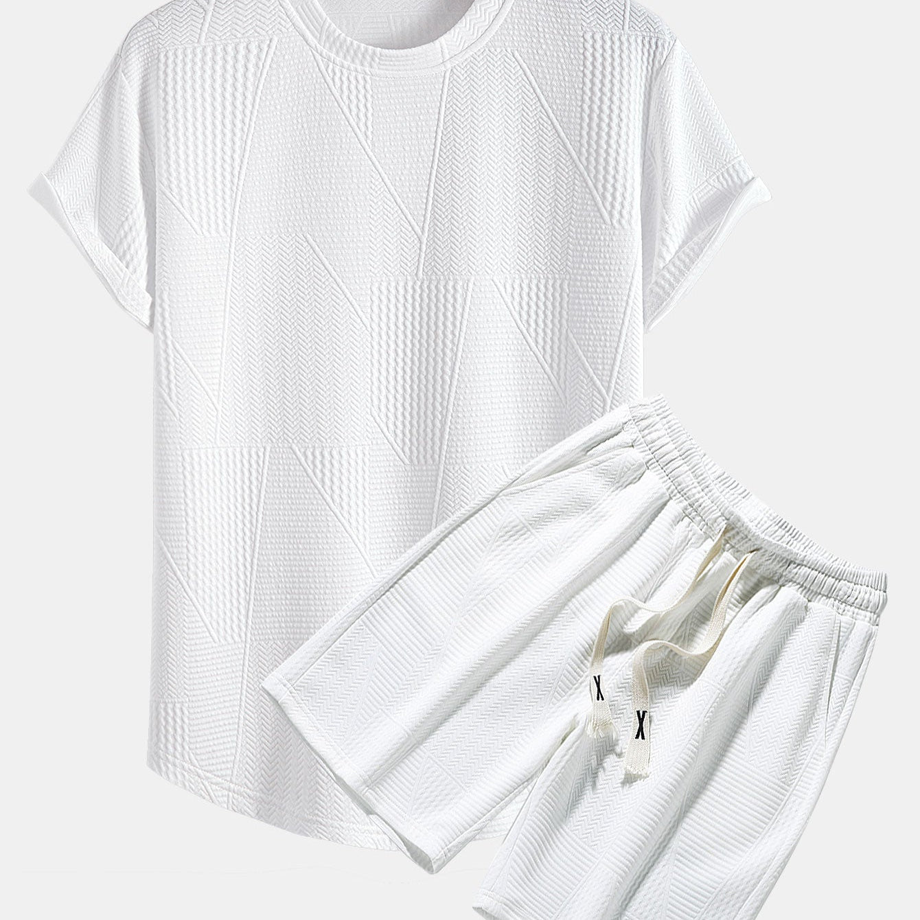 Geometric Jacquard Short Sleeve T-Shirt with Arc Hem & Matching Shorts