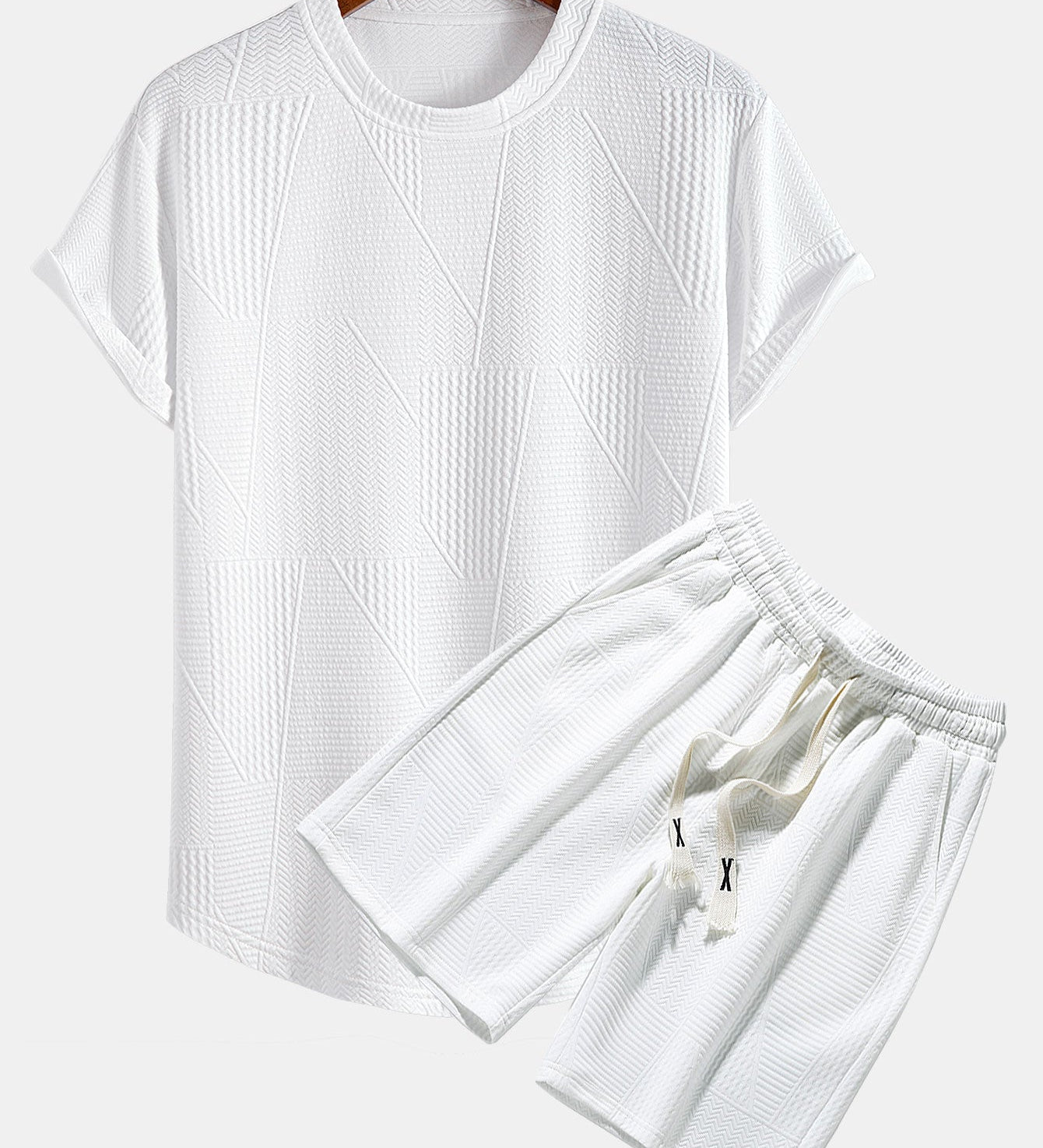 Geometric Jacquard Short Sleeve T-Shirt with Arc Hem & Matching Shorts