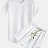 Geometric Jacquard Short Sleeve T-Shirt with Arc Hem & Matching Shorts