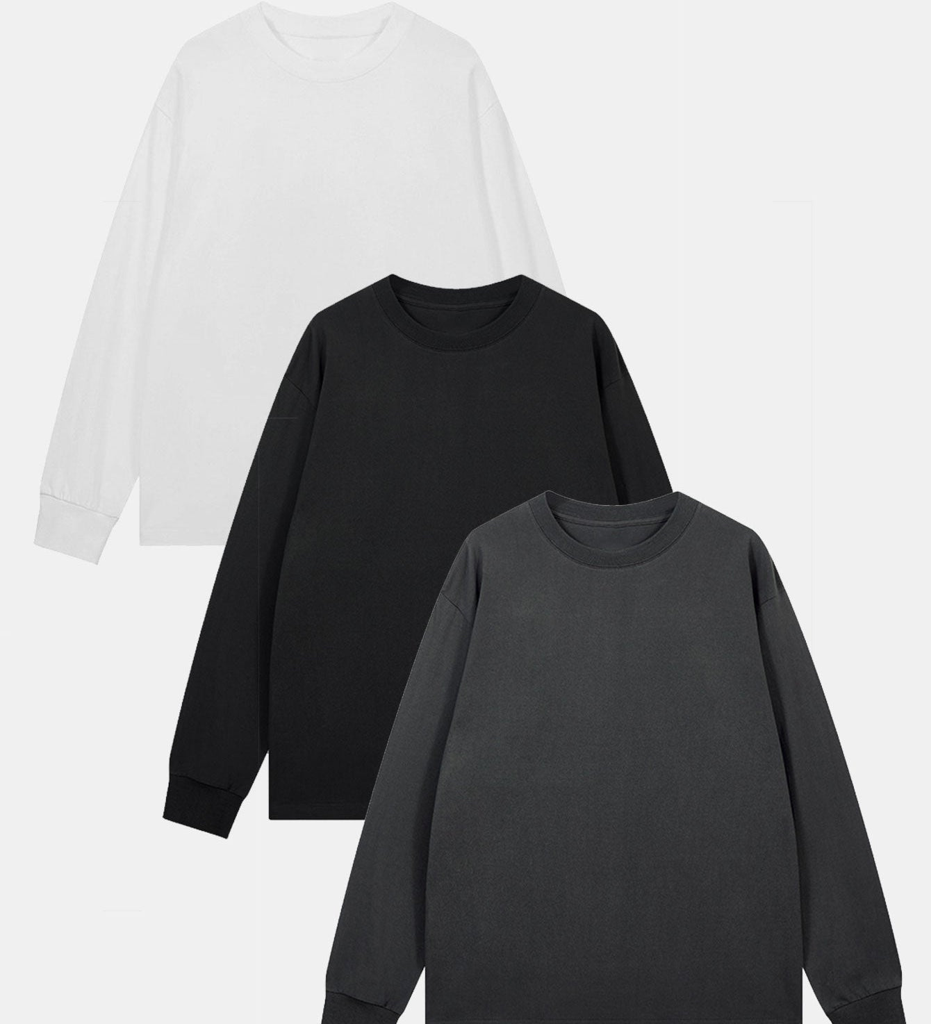 Set of 3 Basic Long Sleeve T-Shirts with Ribbed Cuffs