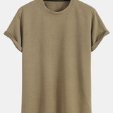 Striped Jacquard Short Sleeve T-Shirt with Arc Hem
