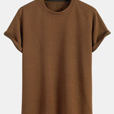 Striped Jacquard Short Sleeve T-Shirt with Arc Hem