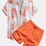 Leaf Print Button-Up Shirt with Mid-Length Drawstring Swim Shorts for Men