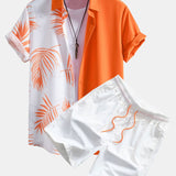 Leaf Print Patchwork Button-Up Shirt & Men's Mid-Length Drawstring Swim Shorts