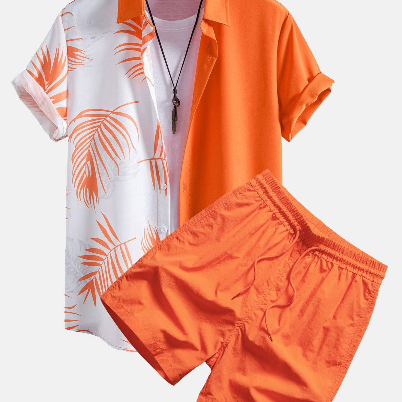 Leaf Print Patchwork Button-Up Shirt & Men's Mid-Length Drawstring Swim Shorts
