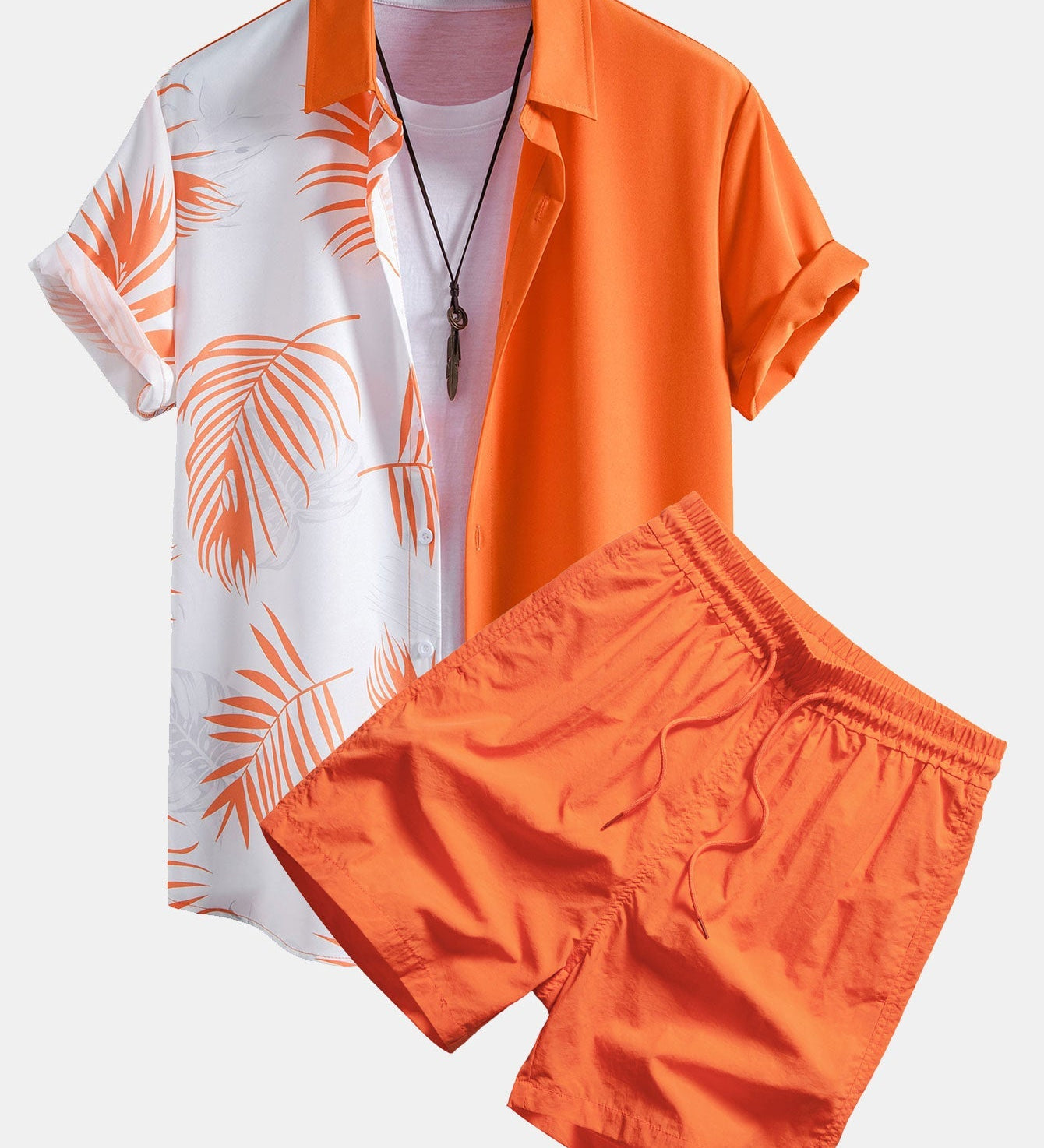 Leaf Print Patchwork Button-Up Shirt & Men's Mid-Length Drawstring Swim Shorts