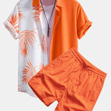 Leaf Print Patchwork Button-Up Shirt & Men's Mid-Length Drawstring Swim Shorts