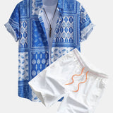 Paisley Trim Button-Up Shirt & Men's Mid-Length Drawstring Swim Shorts