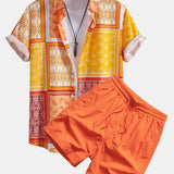 Paisley Trim Button-Up Shirt & Men's Mid-Length Drawstring Swim Shorts