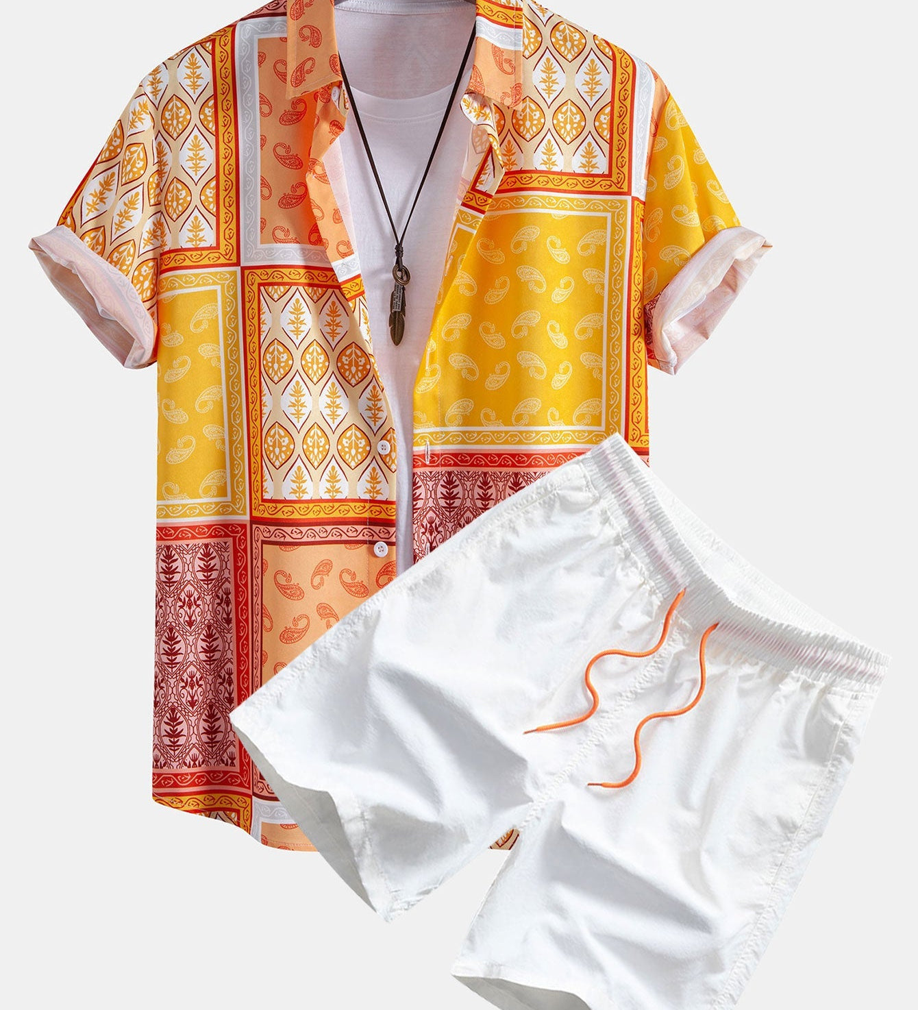 Paisley Trim Button-Up Shirt & Men's Mid-Length Drawstring Swim Shorts