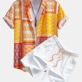 Paisley Trim Button-Up Shirt & Men's Mid-Length Drawstring Swim Shorts