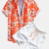Tropical Palm Tree Print Button-Up Shirt & Men's Mid-Length Drawstring Swim Shorts