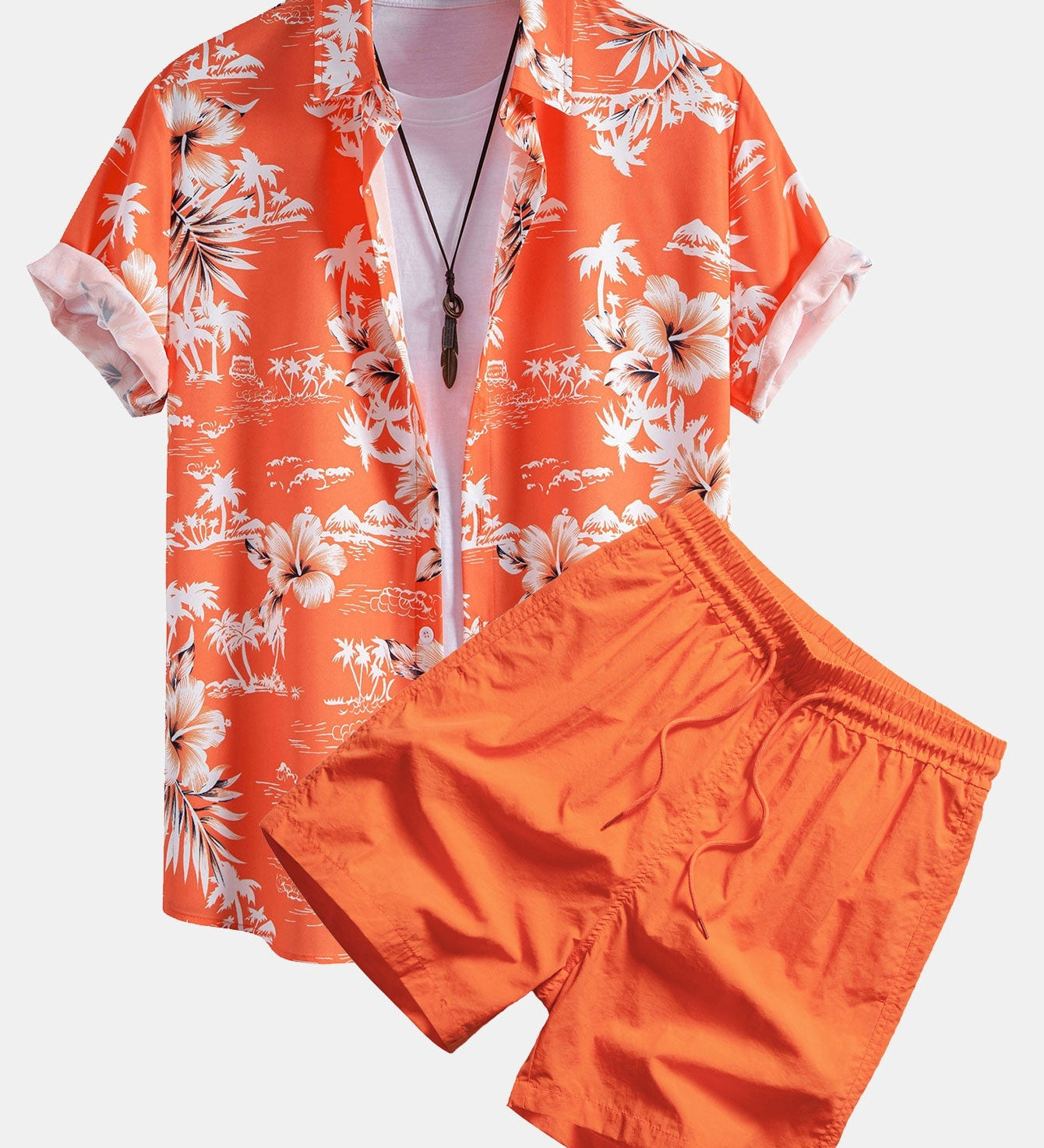Tropical Palm Tree Print Button-Up Shirt & Men's Mid-Length Drawstring Swim Shorts