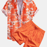 Tropical Palm Tree Print Button-Up Shirt & Men's Mid-Length Drawstring Swim Shorts
