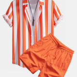 Striped Button-Up Shirt & Mid-Length Drawstring Swim Shorts for Men