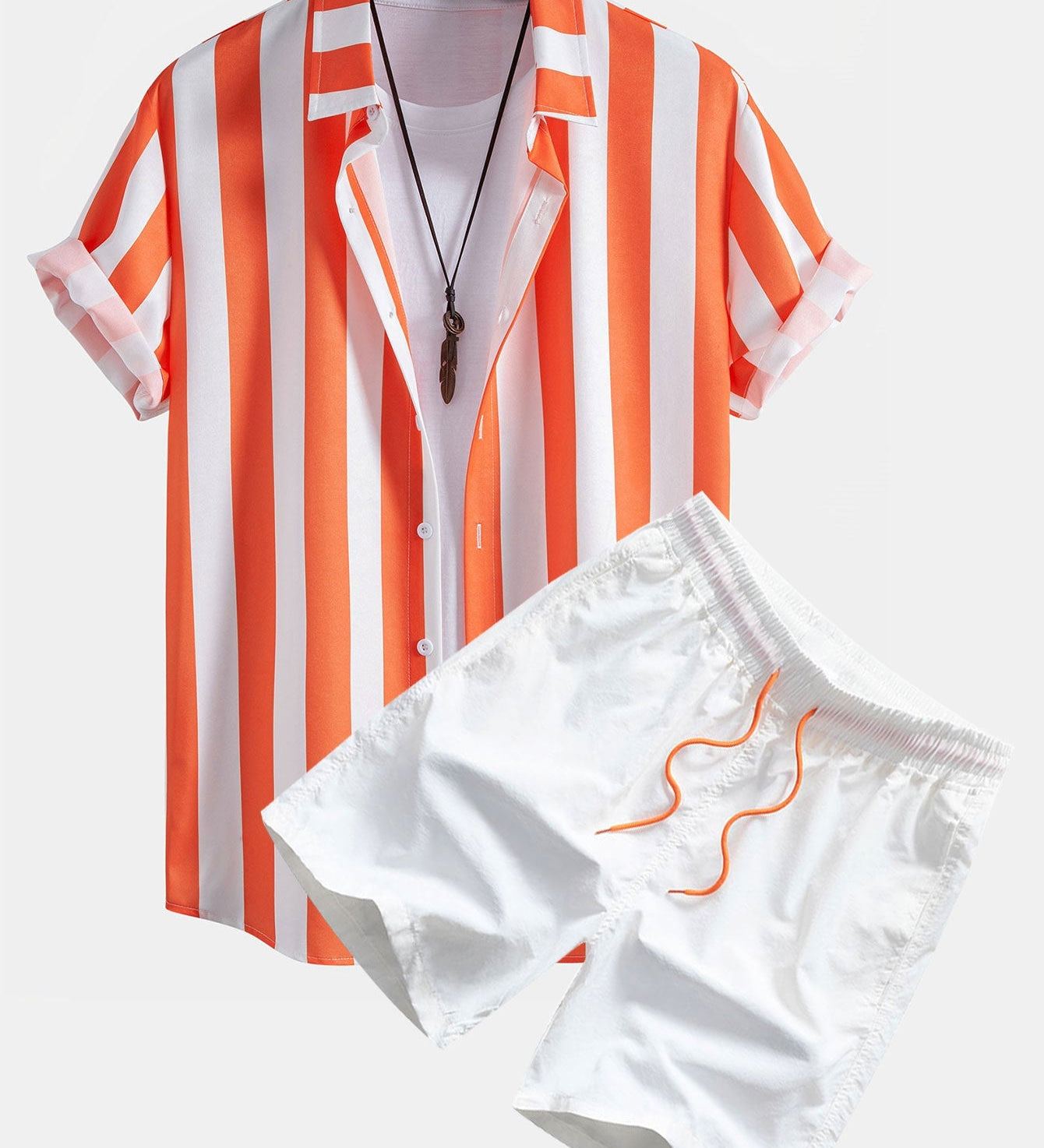 Striped Button-Up Shirt & Mid-Length Drawstring Swim Shorts for Men