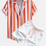 Striped Button-Up Shirt & Mid-Length Drawstring Swim Shorts for Men