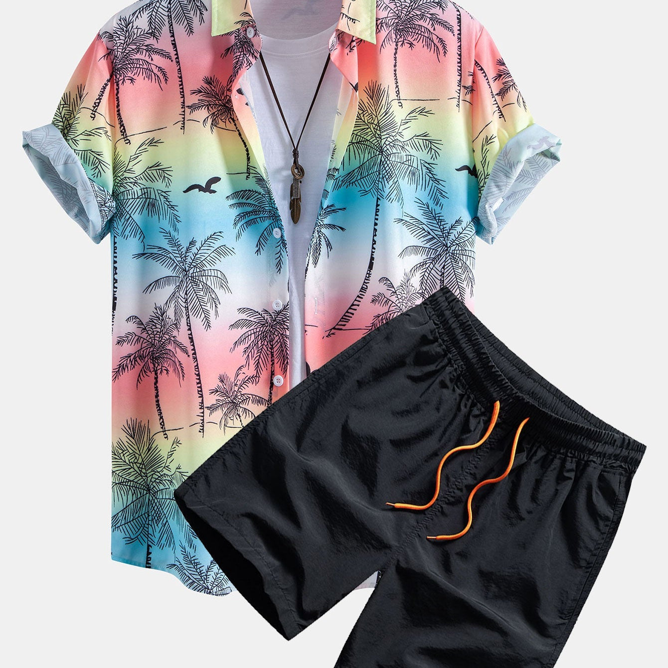 Button-Up Shirt with Palm Tree and Seagull Print & Men's Mid-Length Drawstring Swim Shorts